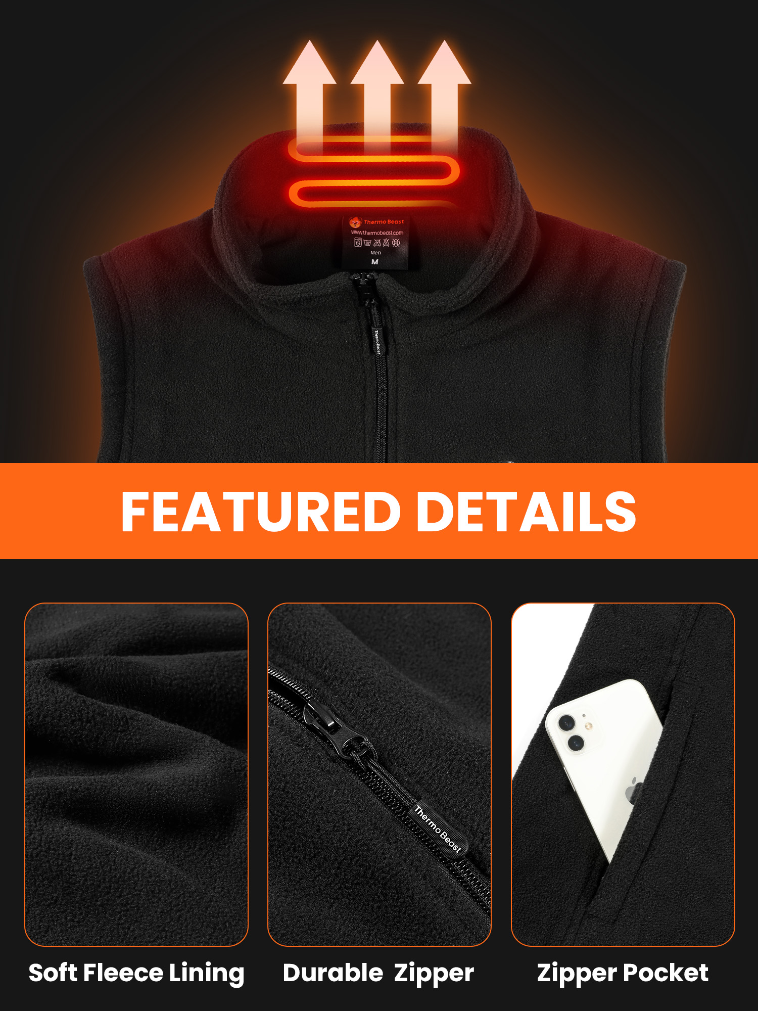 Thermo Beast Heated Vest for Men with Battery Pack Included, Fleece Material, 4-Zone Electric Heating, Great for Winter, Golf